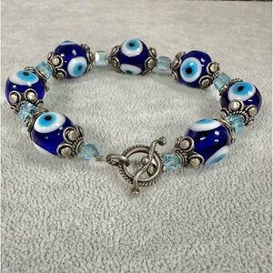 Dark Blue EVIL EYE Glass Bead And Sliver Tone Toggle Protection Bracelet